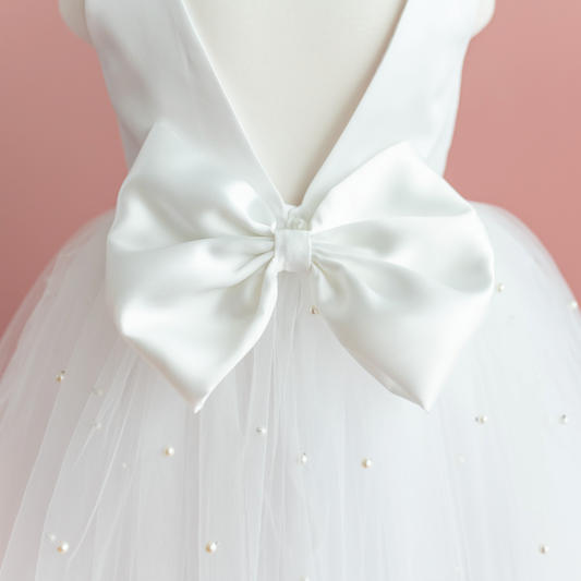 Pearl Tulle Flower Girl Dress: V-Neck Satin Bow Wedding Dress