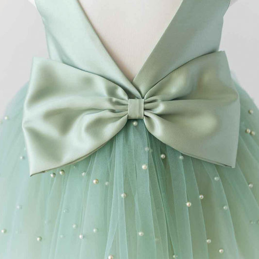 Sage Green Tulle Flower Girl Dress: Pearl Wedding Party Dress