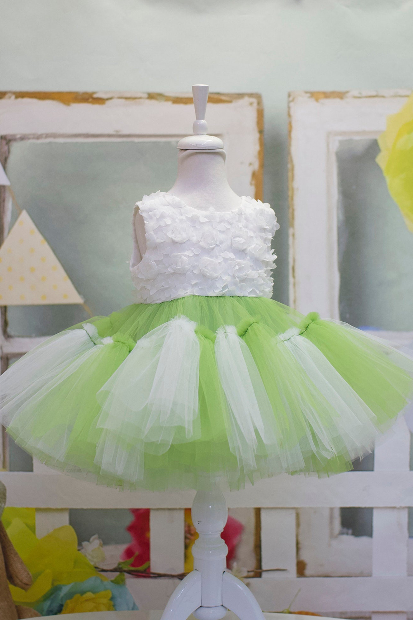 Princess Green and White Tulle Dress: Baby Wedding, First Birthday