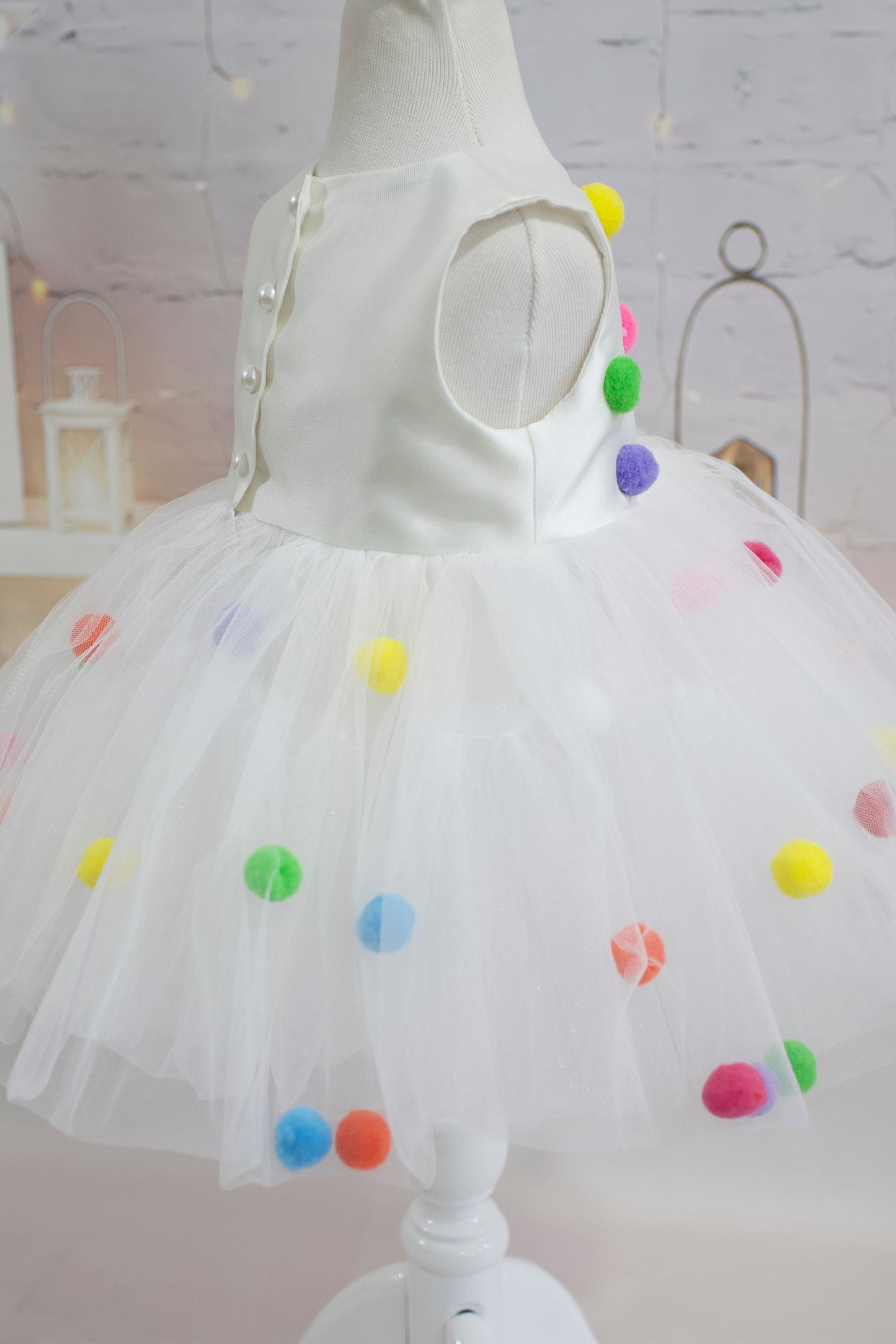 Pompom Tulle Baby Girl Dress: Rainbow Fluffy Costume