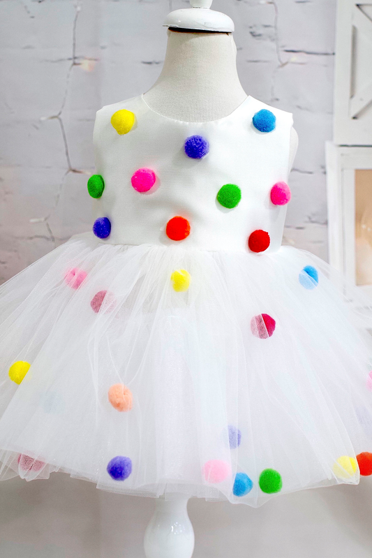Pompom Tulle Baby Girl Dress: Rainbow Fluffy Costume