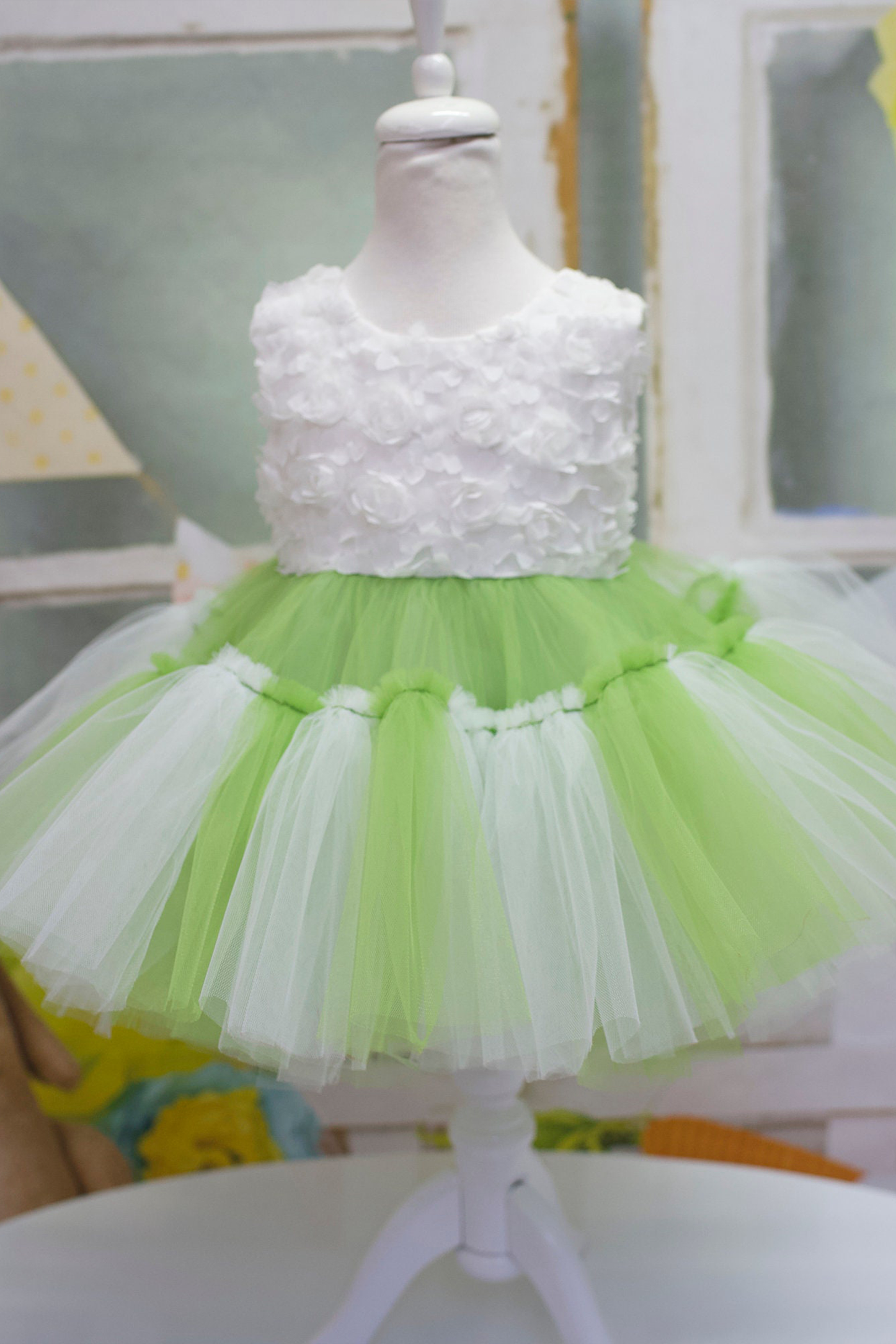 Princess Green and White Tulle Dress: Baby Wedding, First Birthday