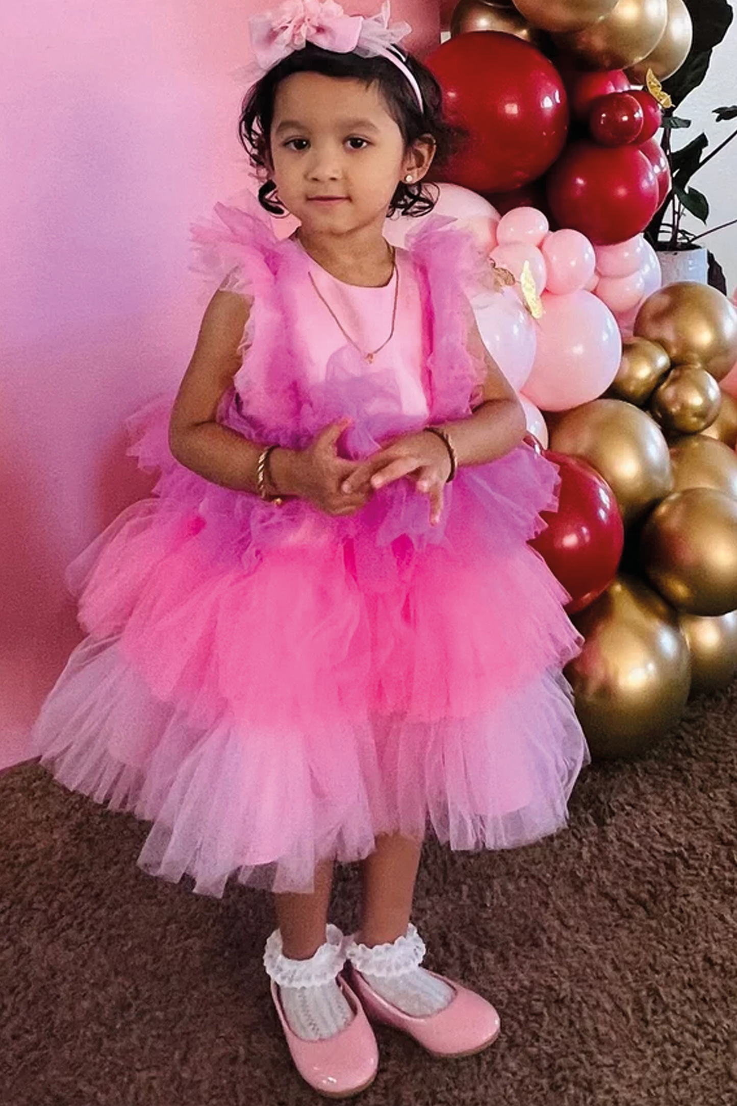 Pink Tutu Baby Girl Dress: V-Neck Wedding Party Dress