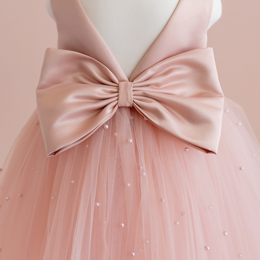 Blush Pink Pearl Tulle Flower Girl Dress: Satin Bodice, Bow Accent