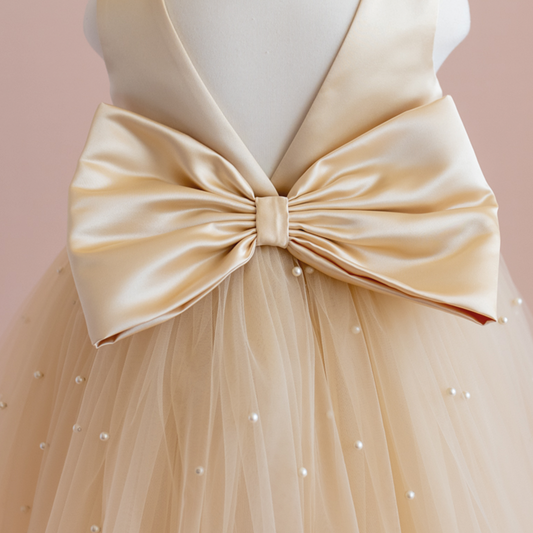 Champagne Pearl Tulle Flower Girl Dress: Elegant Satin Bow Gown