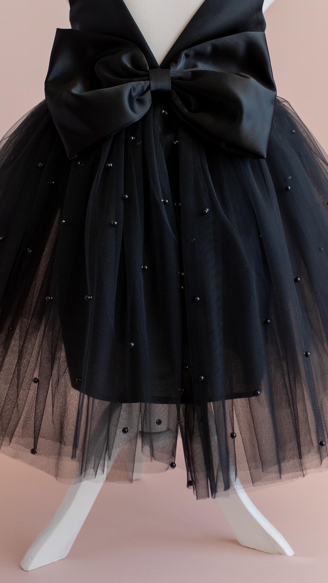 Black Pearl Tulle Flower Girl Dress: V-Back Bow Gown 4T / Dress&Bow&Pouch Bag