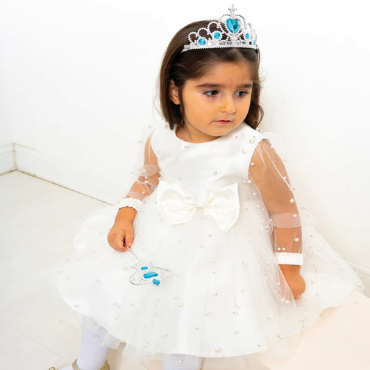 White Pearl Tulle Baby Dress: Elegant Flower Girl, First Birthday