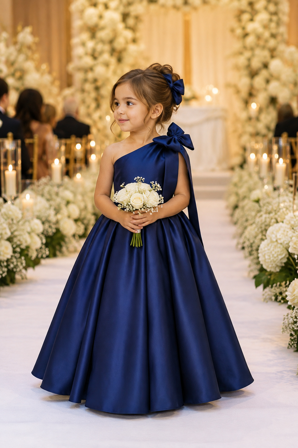 Elegant Navy Blue Satin One-Shoulder Flower Girl Dress with Oversized Bow - Personalized Wedding Gown
