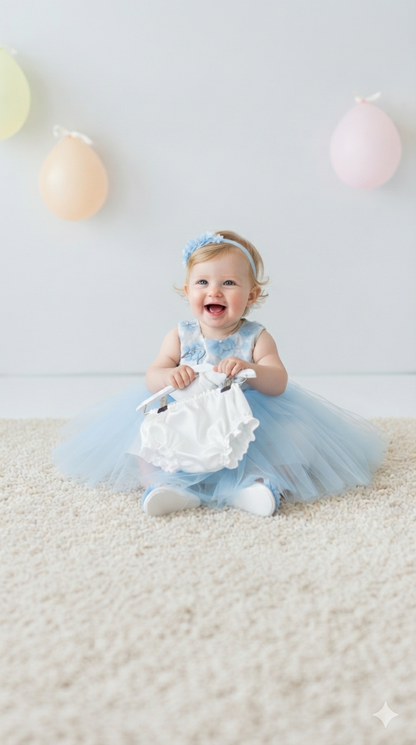 Elegant Blue Tulle Toddler Girl Dress with Satin Diaper Cover for Special Occasions