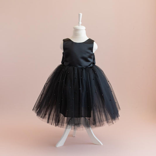 Black Pearl Tulle Flower Girl Dress: V-Back Satin Bow Gown
