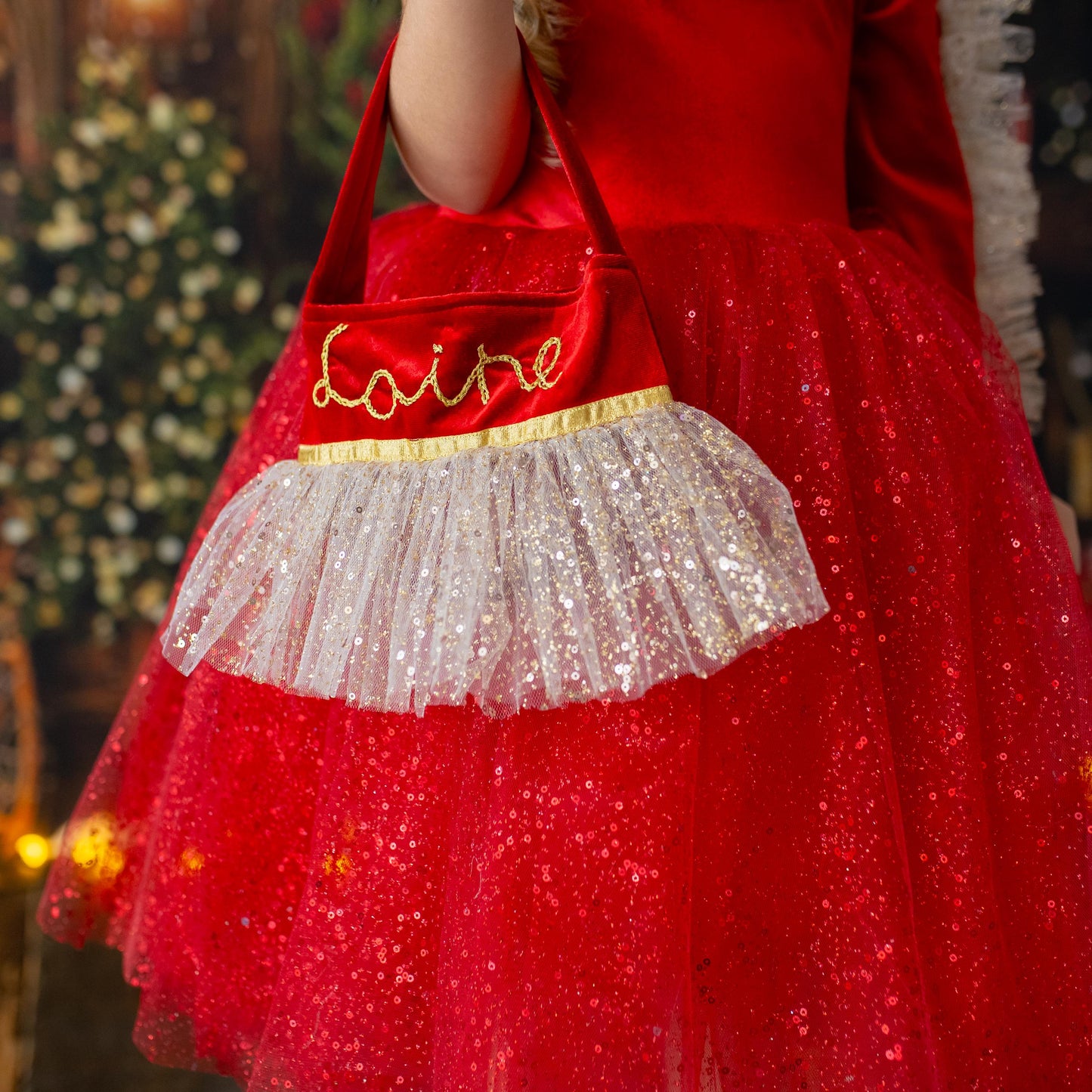 Red Velvet Christmas Dress: Shiny Tulle Dress with Personalized Bag