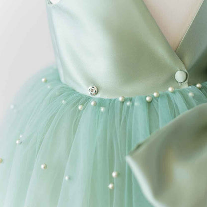 Sage Green Tulle Flower Girl Dress: Pearl Wedding Party Dress