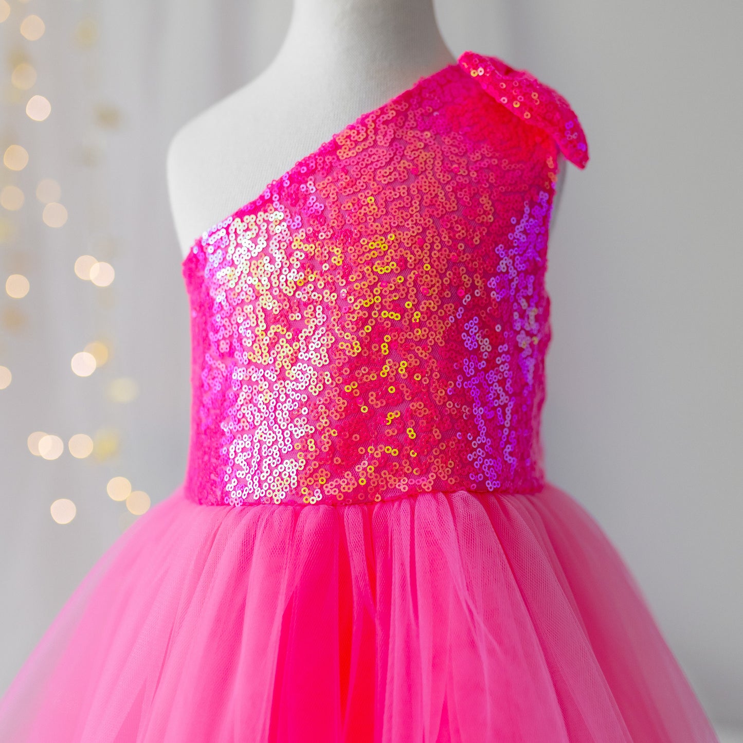 Personalized Pink Sequin Tulle Dress: One-Shoulder Party Outfit