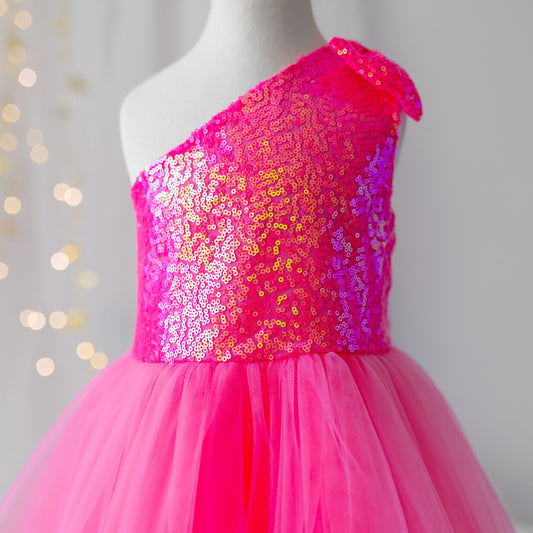 Personalized Pink Sequin Tulle Dress: One-Shoulder Party Outfit