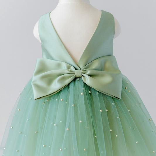 Sage Green Tulle Flower Girl Dress: Pearl Wedding Party Dress