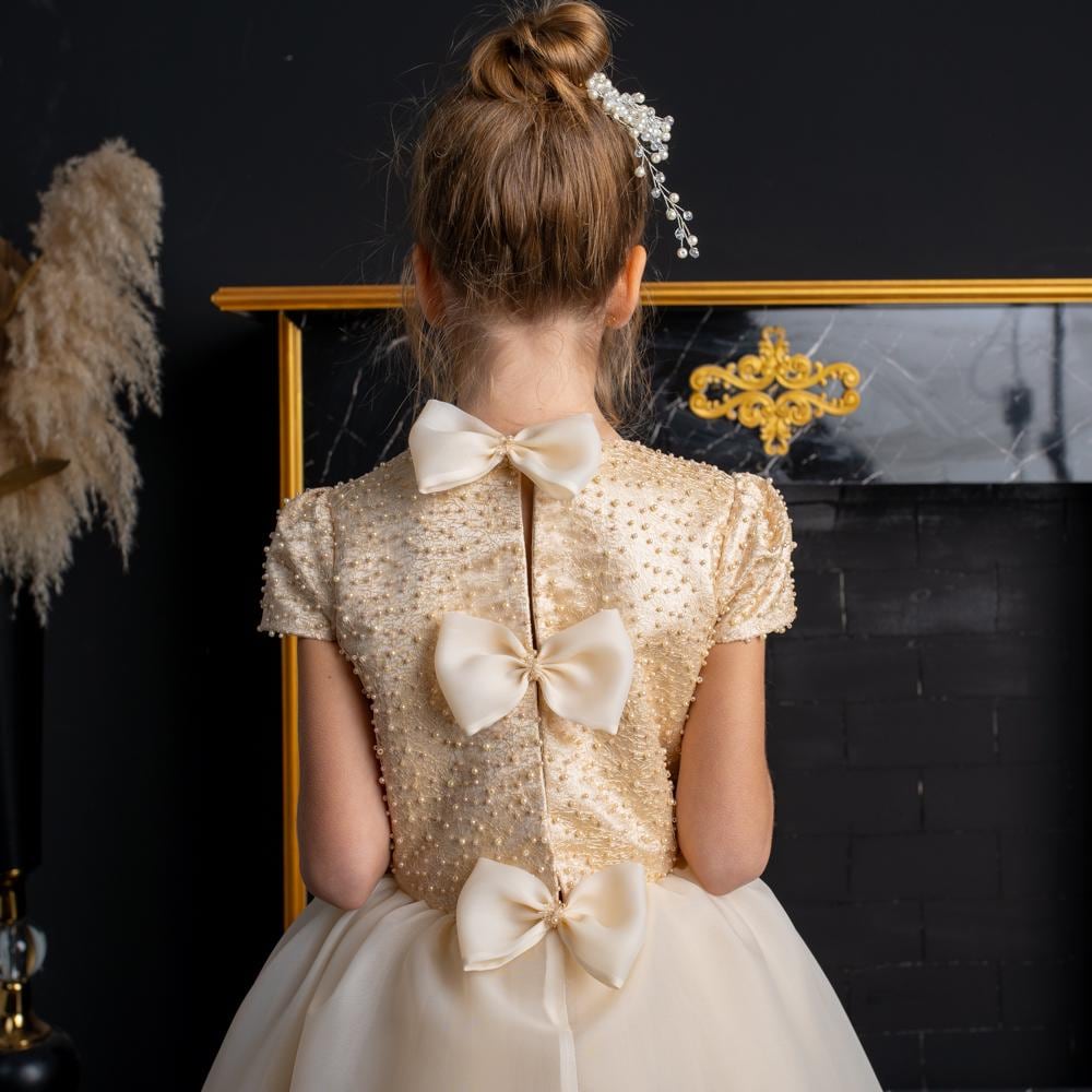 Elegant Champagne Floor-Length Flower Girl Dress with Pearls,Bows