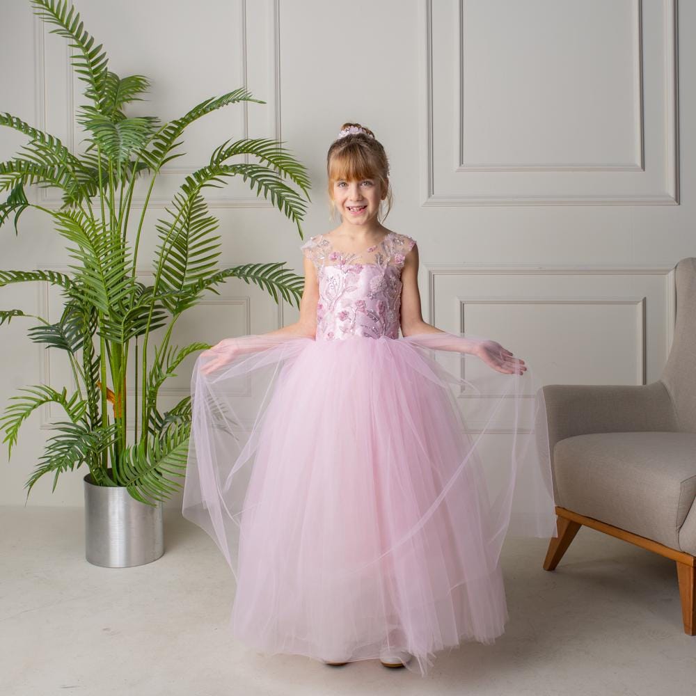 Blush Pink 3D Flower Girl Dress: Tulle & Lace Princess Gown