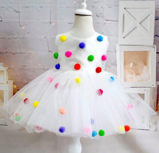 Pompom Tulle Baby Girl Dress: Rainbow Fluffy Costume