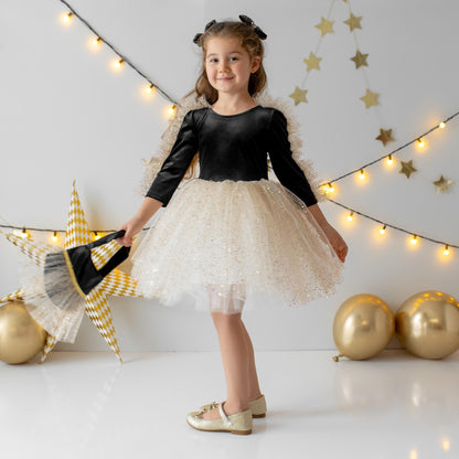 Black Velvet Baby Christmas Dress: Gold Tulle with Personalized Bag