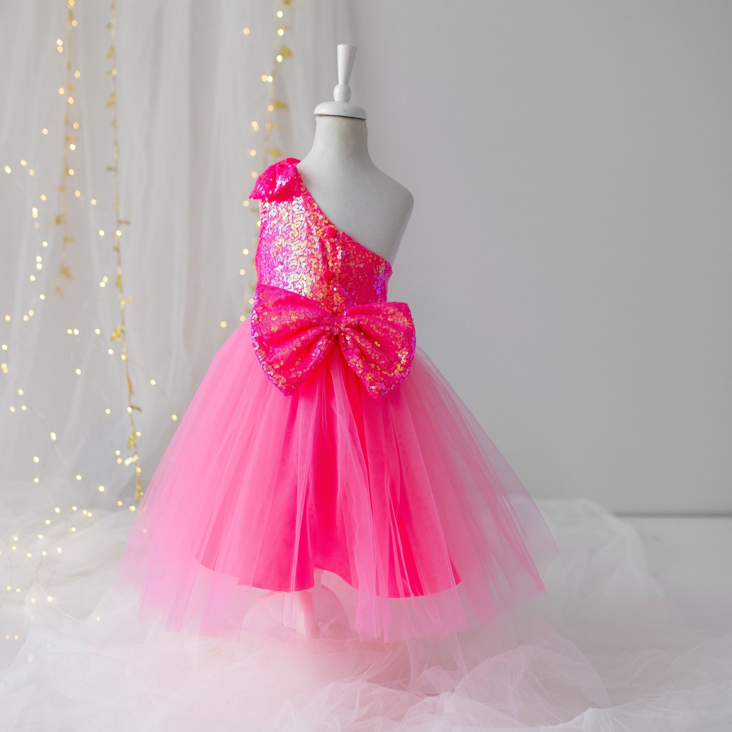 Personalized Pink Sequin Tulle Dress: One-Shoulder Party Outfit