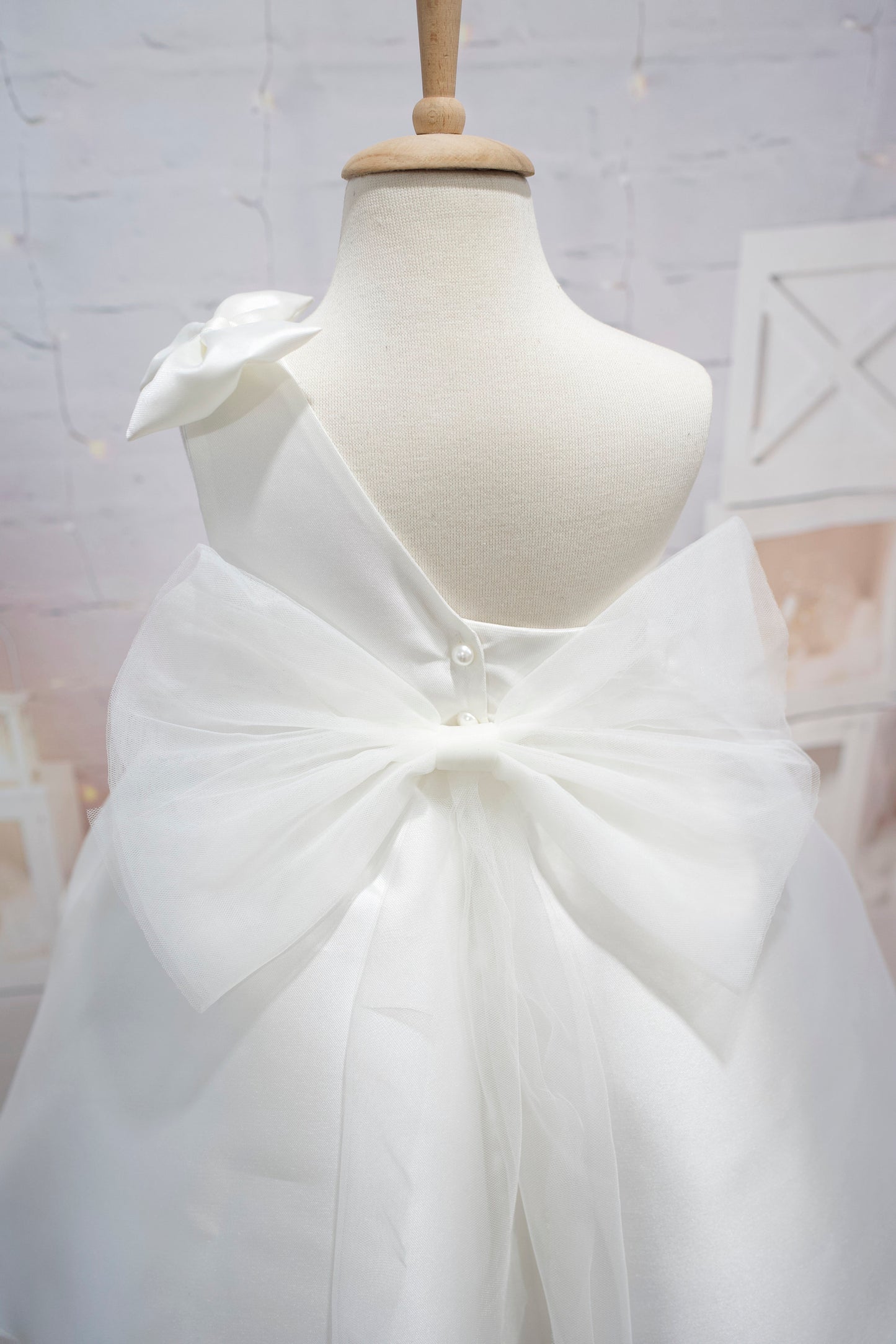 Satin  Flower Girl and Communion Dress: One Shoulder Tulle, Big Bow