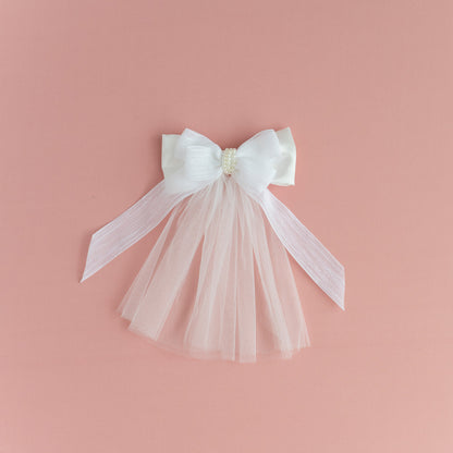Pearl Tulle Flower Girl Dress: V-Neck Satin Bow Wedding Dress