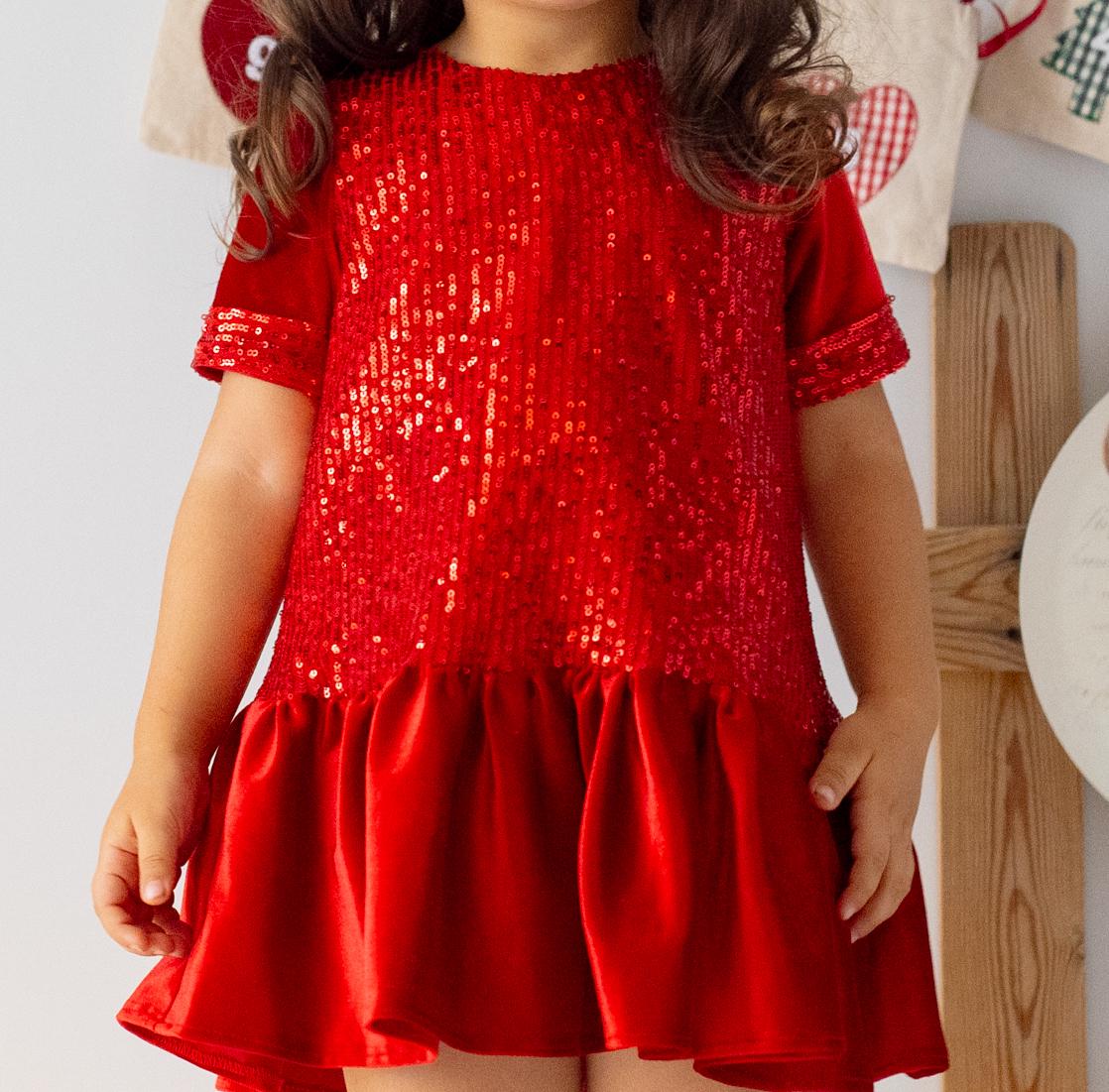 Red Sequin Velvet Christmas Dress: Baby Party Tulle Dress