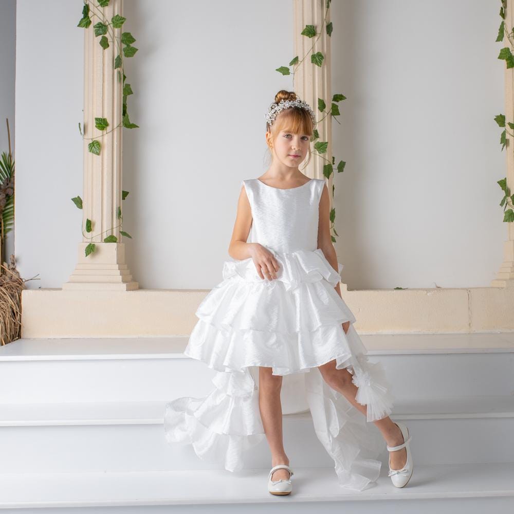 White Satin Flower Girl Dress: Detachable Train, V-Cut Back