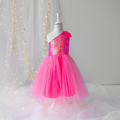 Personalized Pink Sequin Tulle Dress: One-Shoulder Party Outfit