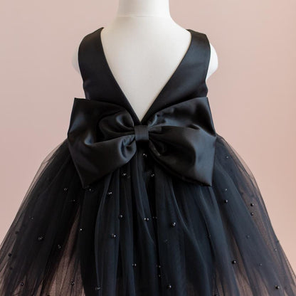 Black Pearl Tulle Flower Girl Dress: V-Back Satin Bow Gown