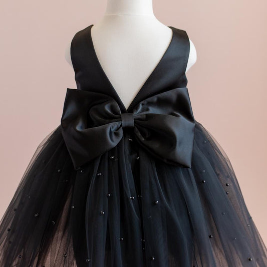 Black Pearl Tulle Flower Girl Dress: V-Back Satin Bow Gown