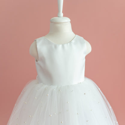 Pearl Tulle Flower Girl Dress: V-Neck Satin Bow Wedding Dress