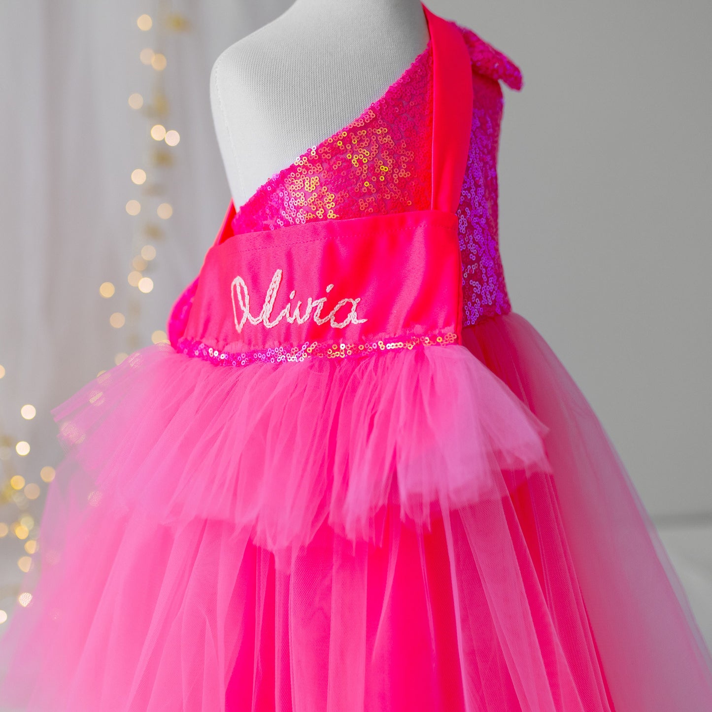 Personalized Pink Sequin Tulle Dress: One-Shoulder Party Outfit