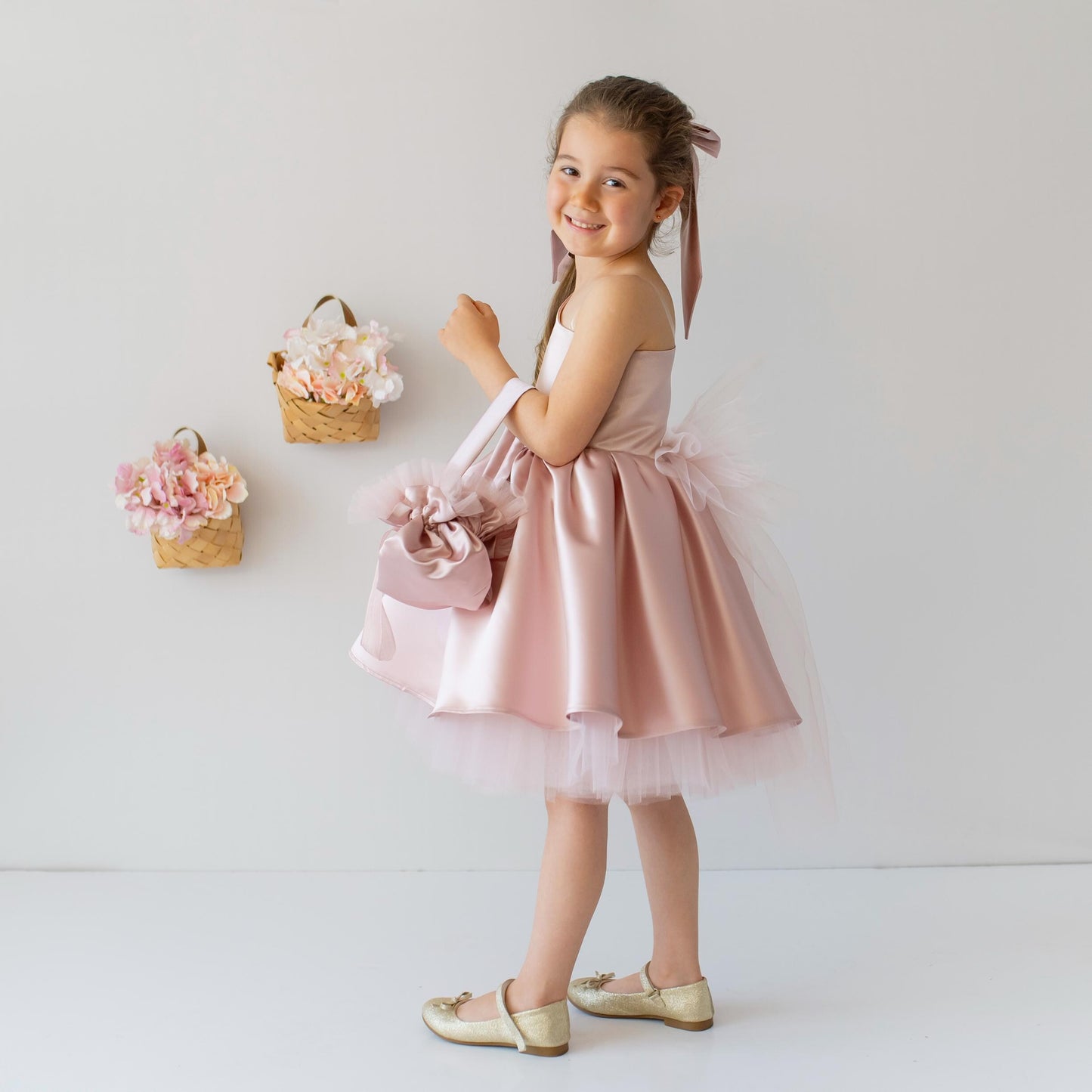 Blush Pink Satin Flower Girl Dress: One-Shoulder Tulle Bow