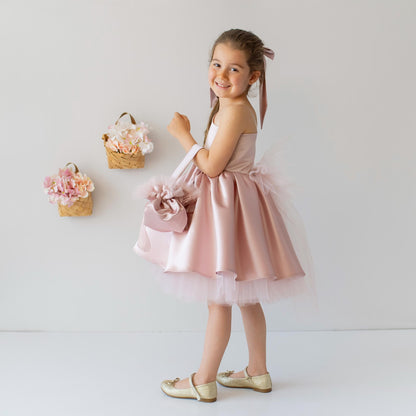 Blush Pink Satin Flower Girl Dress: One-Shoulder Tulle Bow