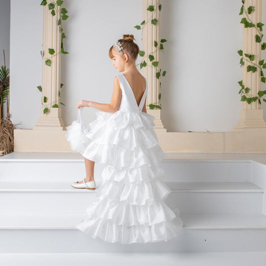 White Satin Flower Girl Dress: Detachable Train, V-Cut Back