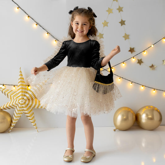 Black Velvet Baby Christmas Dress: Gold Tulle with Personalized Bag