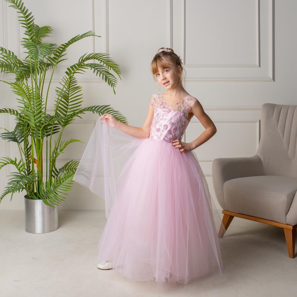 Blush Pink 3D Flower Girl Dress: Tulle & Lace Princess Gown