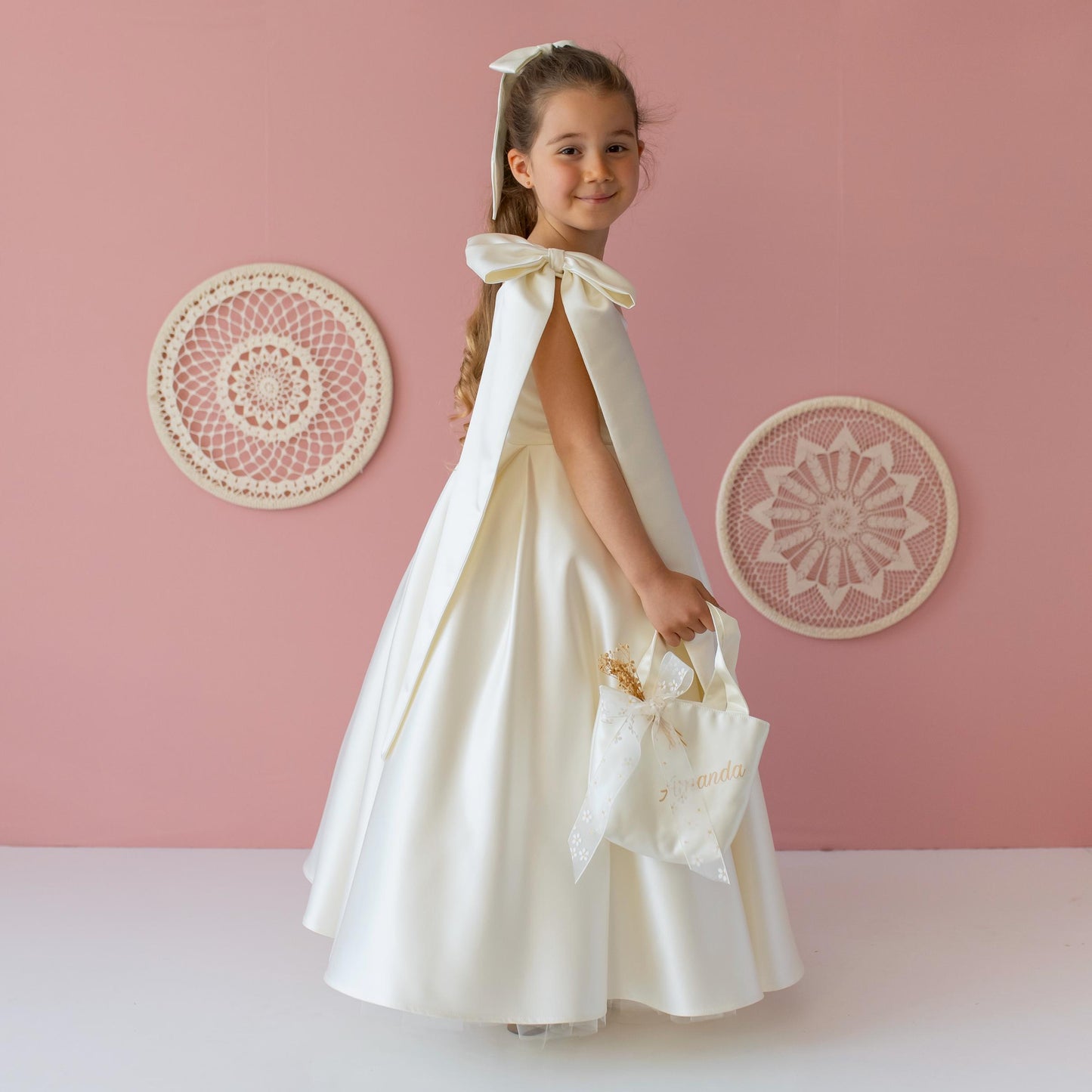 Ivory Satin Flower Girl Dress: One-Shoulder Gown with Bow