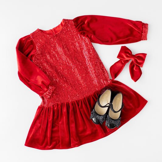 Red Sequin Velvet Christmas Dress: Baby Party Tulle Dress