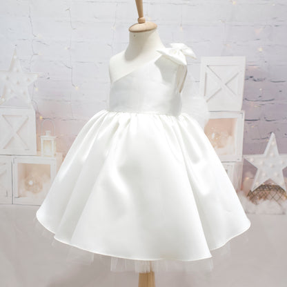 Satin  Flower Girl and Communion Dress: One Shoulder Tulle, Big Bow