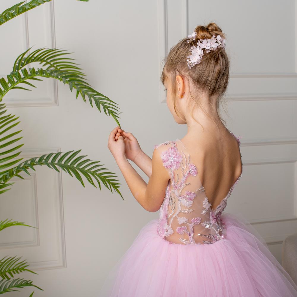 Blush Pink 3D Flower Girl Dress: Tulle & Lace Princess Gown