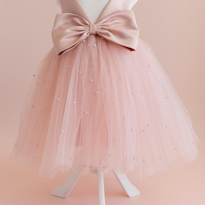 Blush Pink Pearl Tulle Flower Girl Dress: Satin Bodice, Bow Accent