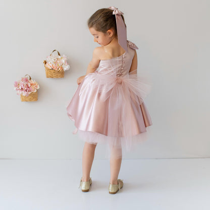 Blush Pink Satin Flower Girl Dress: One-Shoulder Tulle Bow