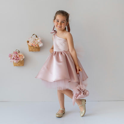 Blush Pink Satin Flower Girl Dress: One-Shoulder Tulle Bow