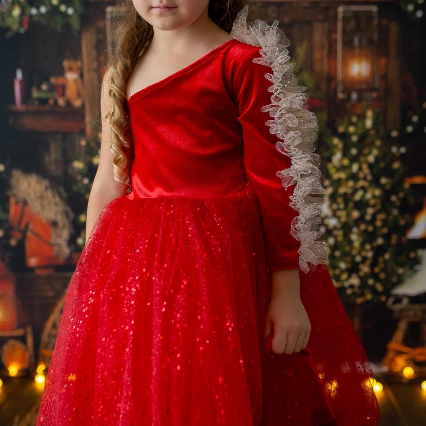 Red Velvet Christmas Dress: Shiny Tulle Dress with Personalized Bag