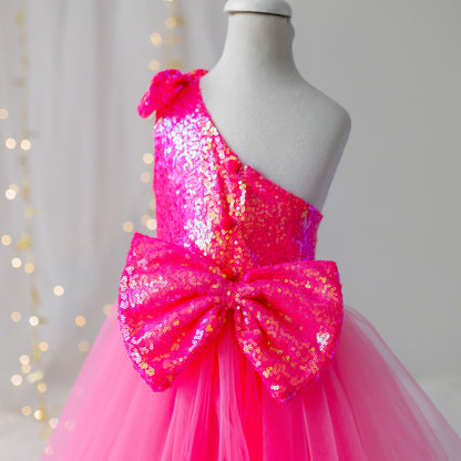 Personalized Pink Sequin Tulle Dress: One-Shoulder Party Outfit