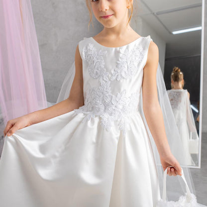 White Satin Flower Girl Dress: Tulle Cape, Lace Appliqués & Handbag
