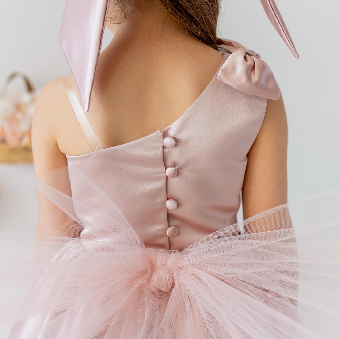 Blush Pink Satin Flower Girl Dress: One-Shoulder Tulle Bow