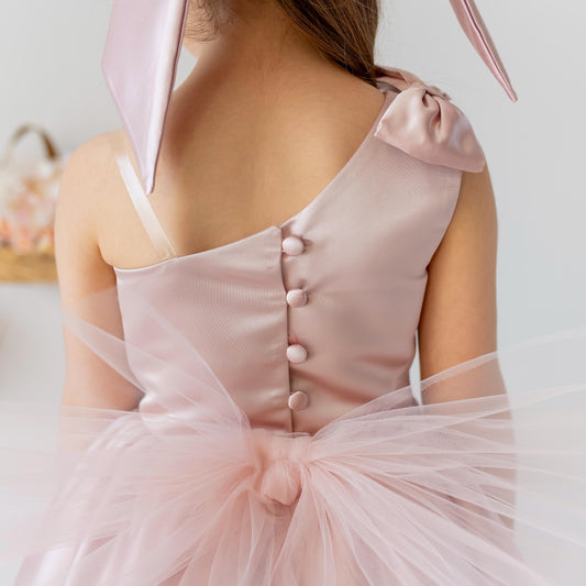Blush Pink Satin Flower Girl Dress: One-Shoulder Tulle Bow